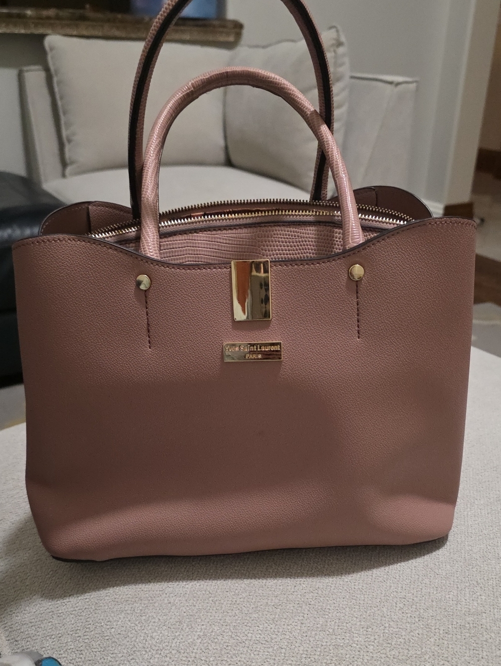 Saint Laurent Dusty Rose Leather Top-Handle Tote with Gold Hardware